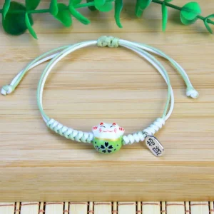Pendentif chat en céramique Maneki Neko, Bracelet corde à main, corde tressée rouge faite à la main, accessoires de bijoux, bague à main deux couleurs pour femmes