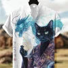 chemise en lin imprimé chat kimono de style japonais pour hommes, col montant à la mode, manches courtes, expédition rapide, été