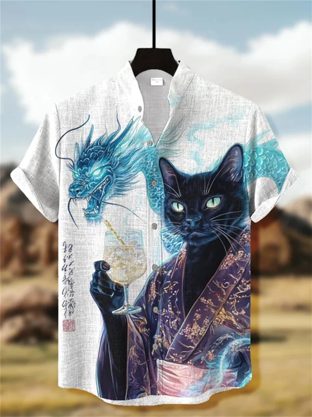 chemise en lin imprimé chat kimono de style japonais pour hommes, col montant à la mode, manches courtes, expédition rapide, été chemise en lin imprimé chat kimono de style japonais pour hommes, col montant à la mode, manches courtes, expédition rapide, été