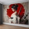 fond de samouraï japonais, kimono blanc avec tapisserie d'épée, revêtement mural décoratif pour femme, accent floral rouge, salon