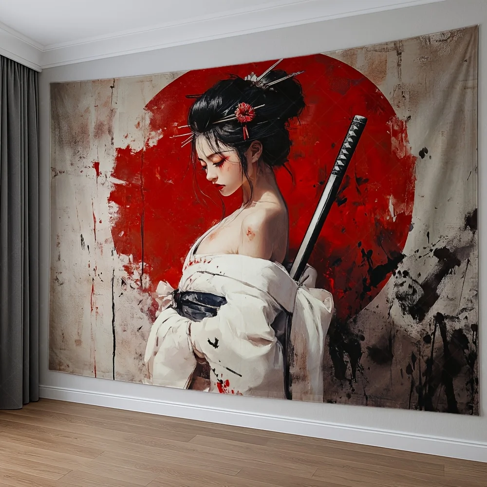 fond de samouraï japonais, kimono blanc avec tapisserie d'épée, revêtement mural décoratif pour femme, accent floral rouge, salon fond de samouraï japonais, kimono blanc avec tapisserie d'épée, revêtement mural décoratif pour femme, accent floral rouge, salon