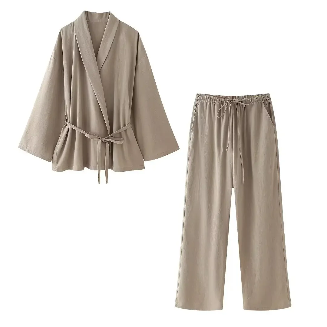 combinaison pantalon drapée de style kimono pour femme, jambe droite, sensation multi documents, vêtement double face, conception transfrontalière, printemps, nouveau, 2024 combinaison pantalon drapée de style kimono pour femme, jambe droite, sensation multi documents, vêtement double face, conception transfrontalière, printemps, nouveau, 2024