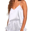 ensemble pyjama sexy en satin de soie pour femme – haut caraco à col en v et short à volants, lingerie de mariée, parfait pour les vêtements de nuit