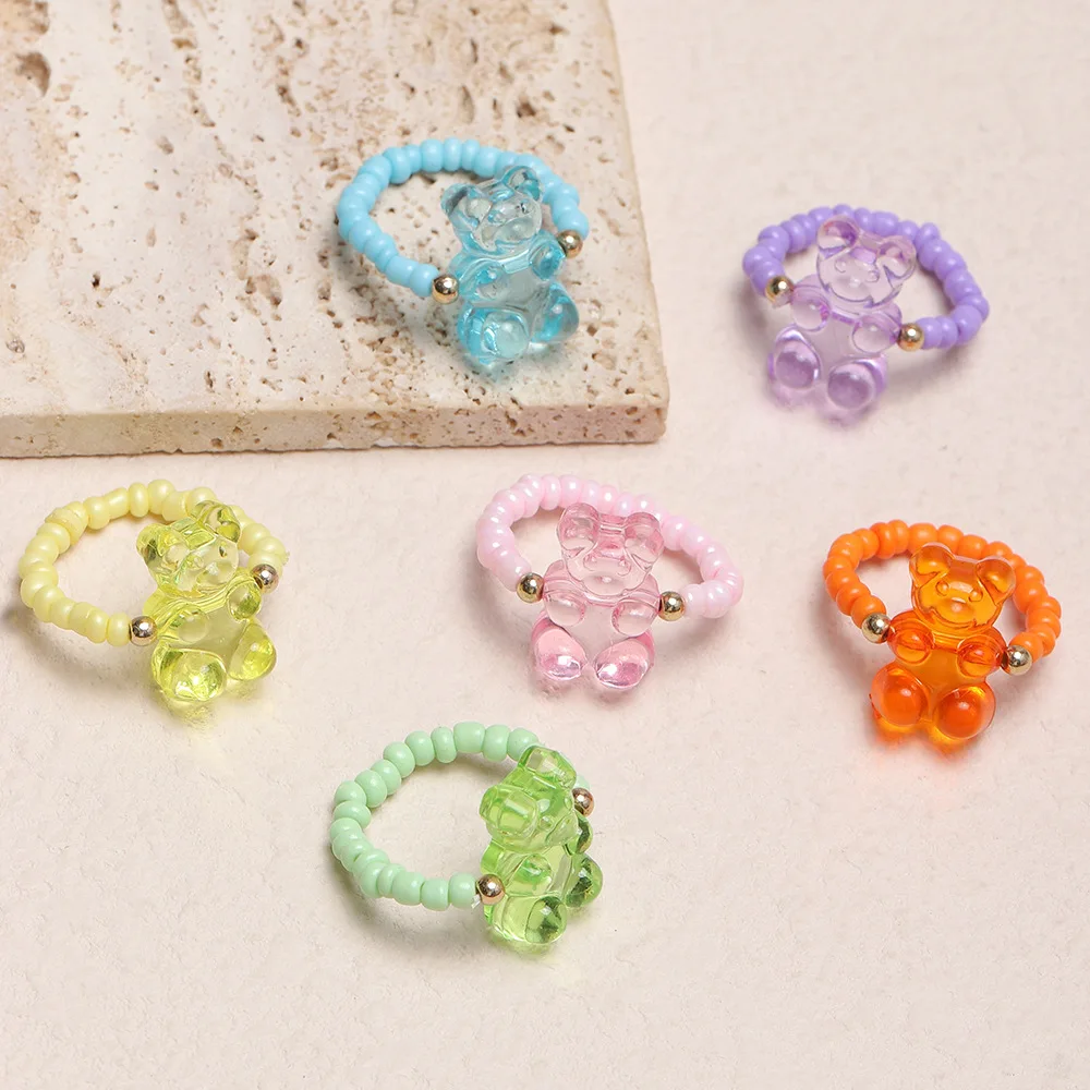 ensemble de 6 pièces ondulées coréennes, couleur gelée y2k, anneau ours mignon en résine, élasticité réglable, perle de riz, accessoires pour femmes, cadeau, 2025 ensemble de 6 pièces ondulées coréennes, couleur gelée y2k, anneau ours mignon en résine, élasticité réglable, perle de riz, accessoires pour femmes, cadeau, 2025