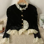Vestes en Velours Vintage à Volants pour Femme, Vêtements Esthétiques de Style Français, Doux et Assortis, Automne et Hiver