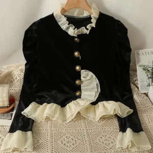 Vestes en Velours Vintage à Volants pour Femme, Vêtements Esthétiques de Style Français, Doux et Assortis, Automne et Hiver