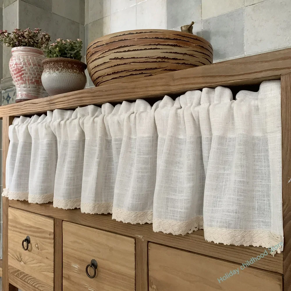 rideaux courts de style nordique pour cuisine, en coton et lin massif, ourlet en dentelle, demi tulle, pour porte d'armoire à vin, fenêtre, petites rideaux rideaux courts de style nordique pour cuisine, en coton et lin massif, ourlet en dentelle, demi tulle, pour porte d'armoire à vin, fenêtre, petites rideaux