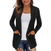 cardigan en tricot pour femmes, manteau mi long, manches longues, poches, col en v, pull solide, manteaux décontractés, coupe cintrée, point ouvert, streetwear