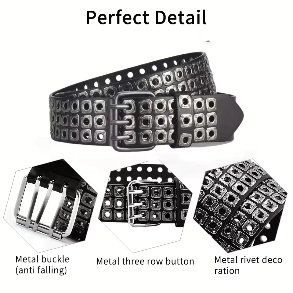 ceinture pour femmes, perles carrées à la mode, clous en saule, trois yeux d'échappement, punk street cool, ceintures personnalisées pour hommes et femmes ceinture pour femmes, perles carrées à la mode, clous en saule, trois yeux d'échappement, punk street cool, ceintures personnalisées pour hommes et femmes