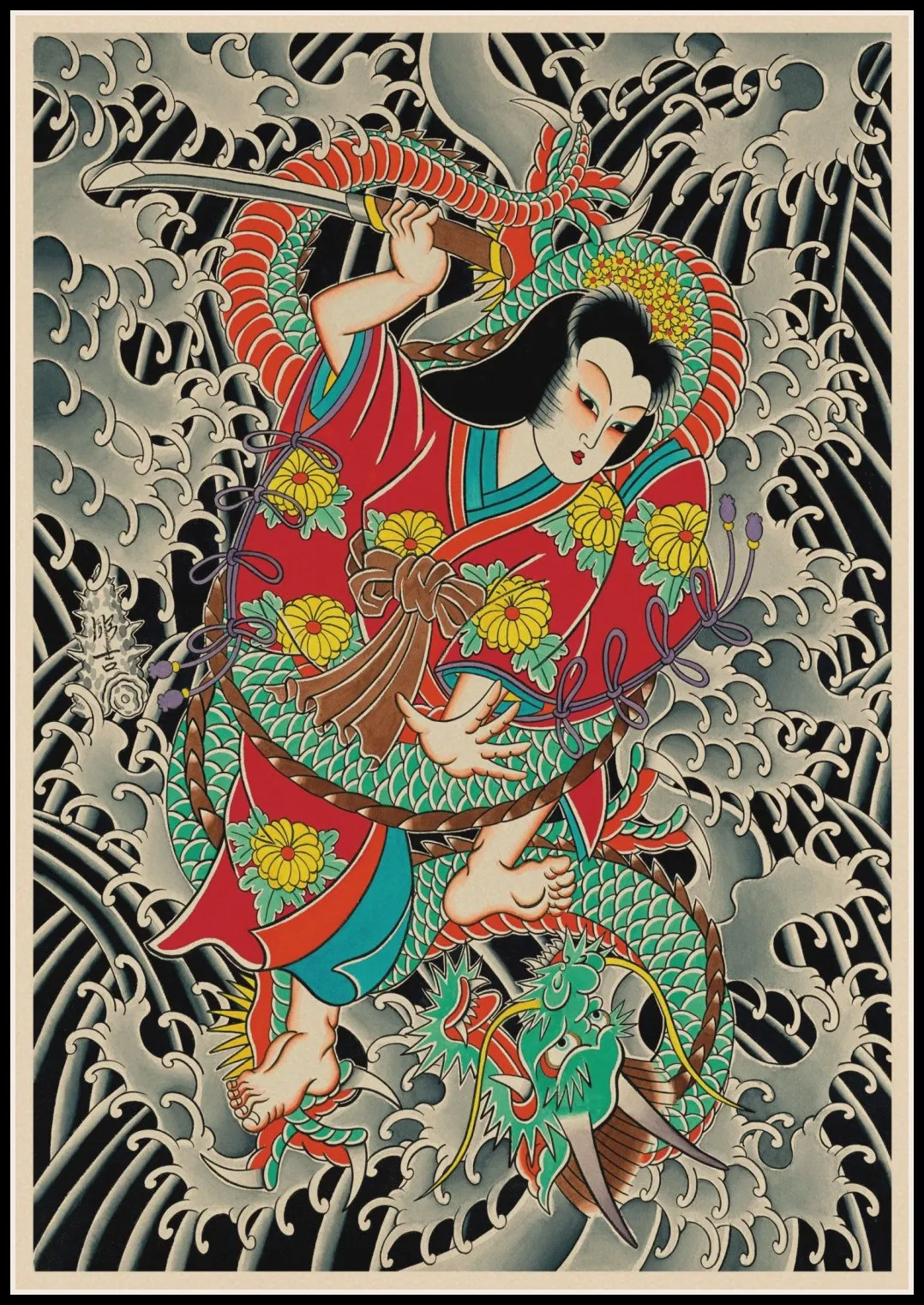 affiche d'art de tatouage japonais, autocollant mural en papier kraft, décoration de la maison affiche d'art de tatouage japonais, autocollant mural en papier kraft, décoration de la maison