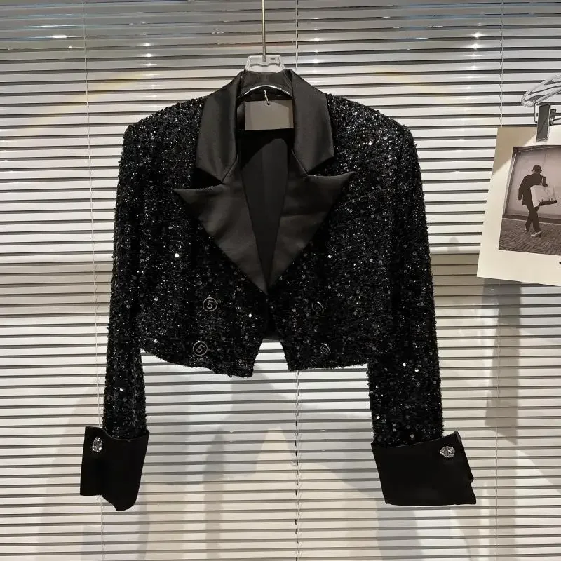 cardigan à paillettes noires pour femmes, manteau court à manches longues, haut décontracté, version coréenne, nouveau design, mode automne et hiver cardigan à paillettes noires pour femmes, manteau court à manches longues, haut décontracté, version coréenne, nouveau design, mode automne et hiver