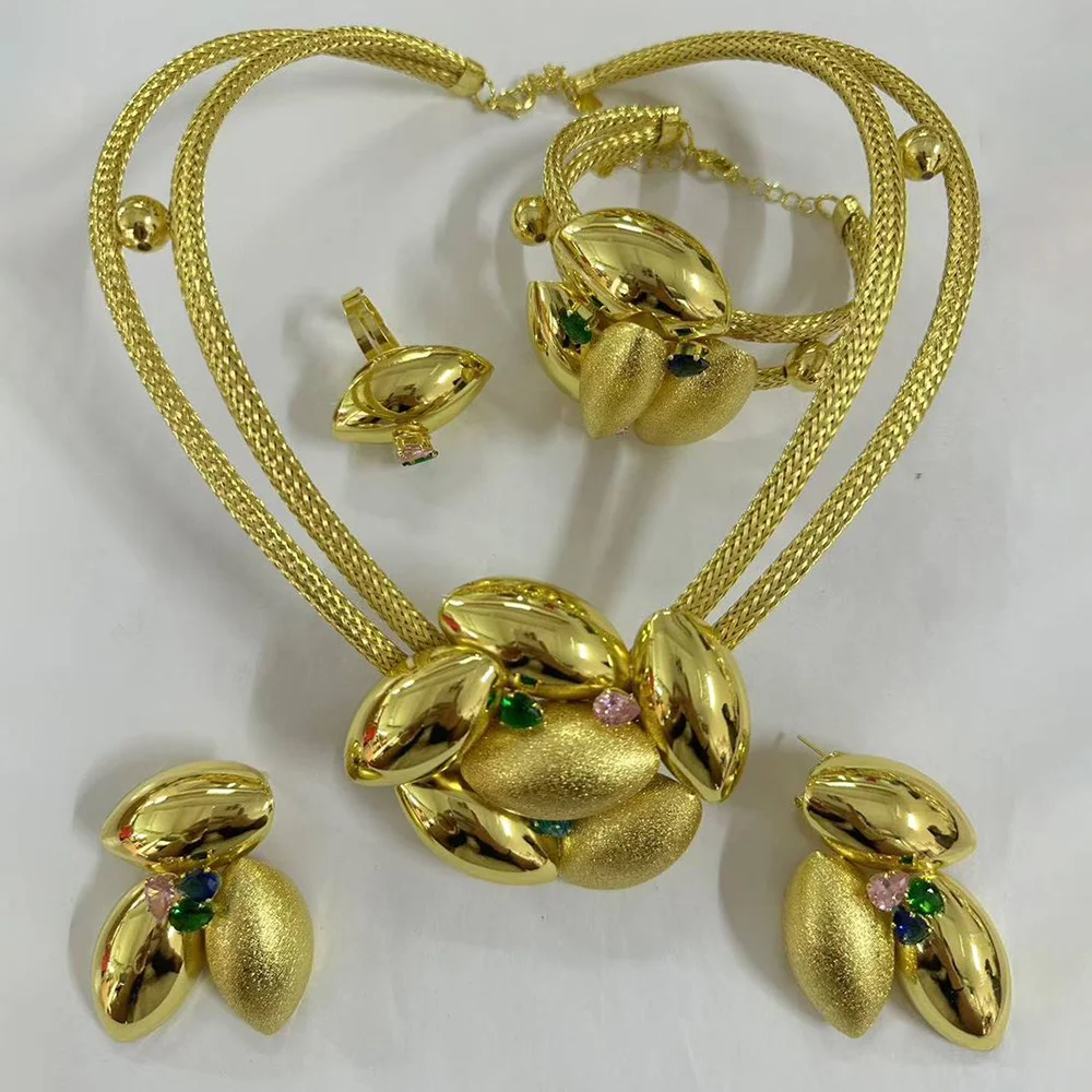 ensemble de bijoux couleur or dubaï pour mariée, grand collier et boucles d'oreilles, bracelet de fête africain élégant, bague, bijoux ensemble de bijoux couleur or dubaï pour mariée, grand collier et boucles d'oreilles, bracelet de fête africain élégant, bague, bijoux