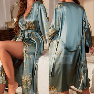 Peignoir Kimono imprimé cerise pour femme, longue, vêtements de nuit, ample, en Satin, Lingerie, vêtements de maison, printemps et été