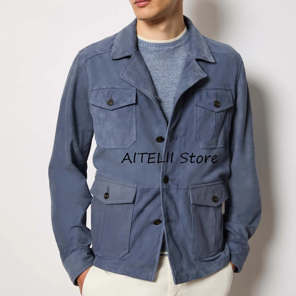 manteau classique pour hommes, manteaux à quatre poches boutonnées pour hommes formels, vestes en tissu suédé pour costume élégant à revers décontracté à simple boutonnage manteau classique pour hommes, manteaux à quatre poches boutonnées pour hommes formels, vestes en tissu suédé pour costume élégant à revers décontracté à simple boutonnage