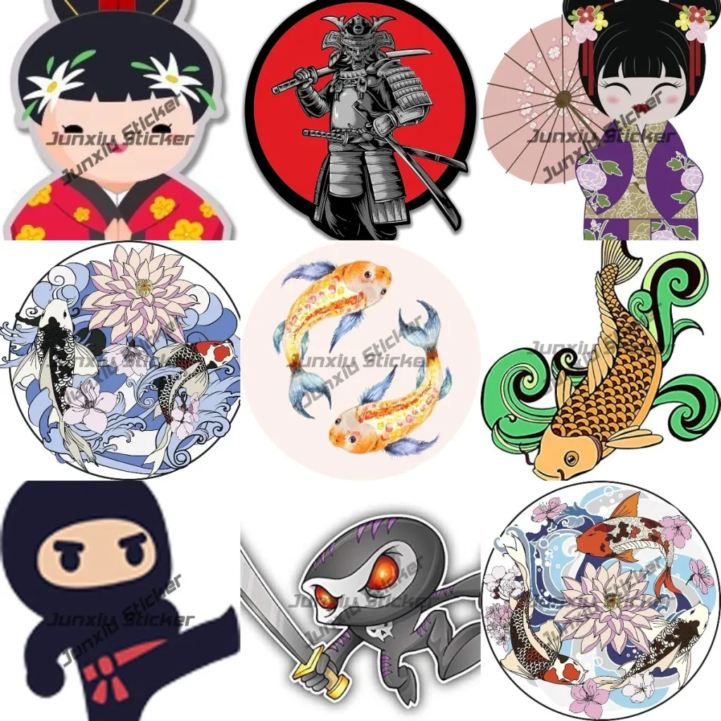 Autocollant d&rsquo;art de dessin animé de poisson Koi japonais avec des vagues, dessins divins, fleurs de poisson Koi japonais cool, décalcomanie de vagues, samouraï du Japon