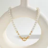 collier de perles d'imitation exquis pour femmes, rivets ovales, accessoires, colliers en acier inoxydable, bijoux cadeaux de couleur or