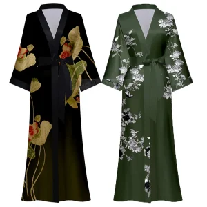 Imprimé fleur longue Kimono peignoir Robe Sexy femmes demi manches Robe de mariée chemise de nuit printemps été rayonne maison Robe vêtements de nuit