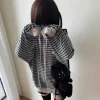 sweat à capuche japonais harajuku cat ear pour femme, sweat à capuche zippé, vestes de dessin animé à rayures esthétiques, vêtements de broderie y, mignon