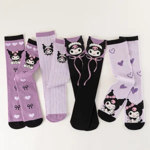4 paires de chaussettes droites pour femmes, chaussettes droites de haute qualité, motif Kuromi, confortables et douces, décontractées