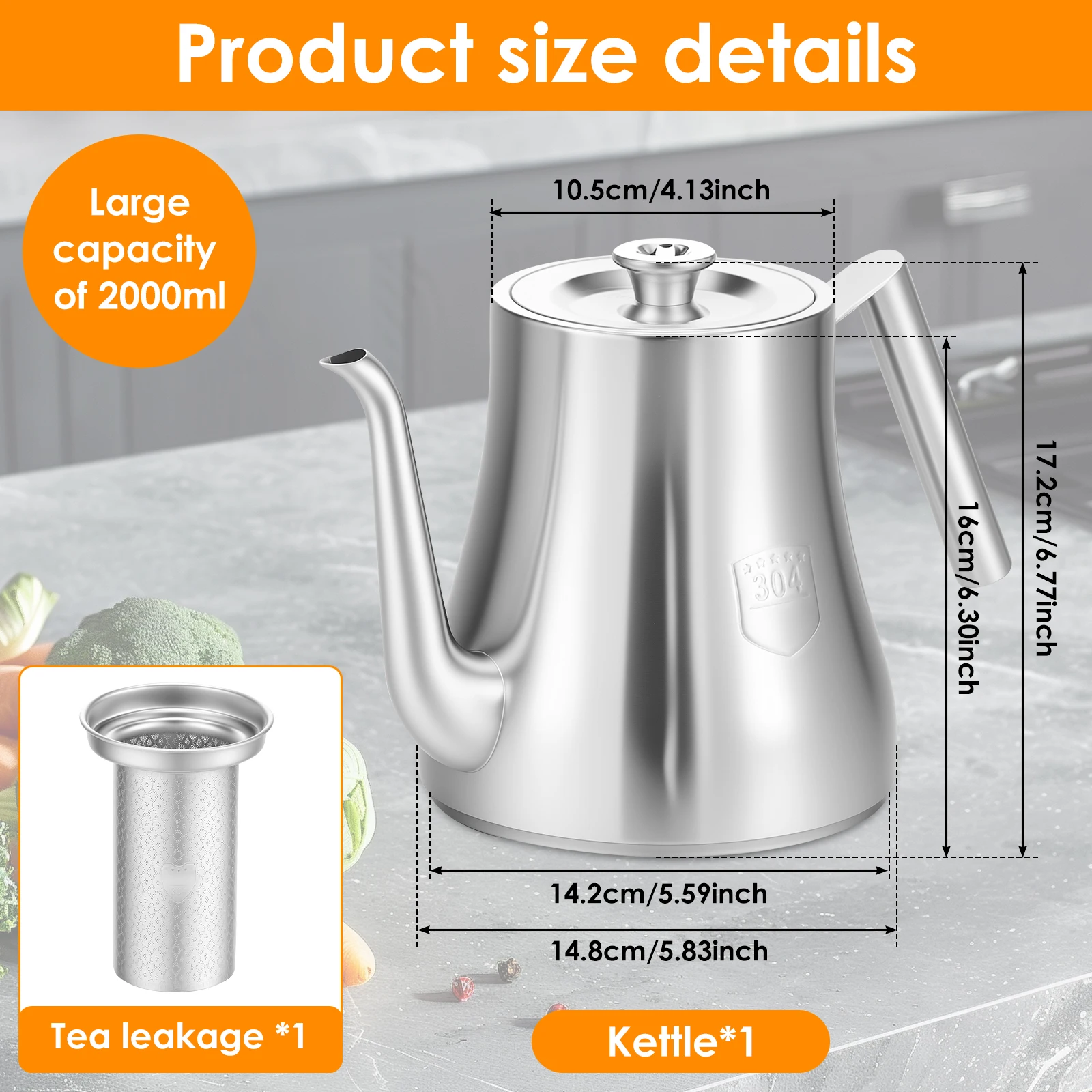théière en acier inoxydable 2l avec infuseur amovible, bouilloire épaisse de grande capacité, service à thé, induction de gaz, camping à domicile théière en acier inoxydable 2l avec infuseur amovible, bouilloire épaisse de grande capacité, service à thé, induction de gaz, camping à domicile