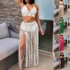 femmes deux pièces maillot de bain plage couvrir mode couleur unie tricoté taille haute gland jupe longue maillot de bain couvrir bikini