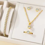 Ensemble de bijoux en zircone, 5 pièces, bague en cristal, collier, Bracelet, boucles d’oreilles, Simple, élégant, polyvalent, coffret cadeau Ensemble de bijoux en zircone, 5 pièces, bague en cristal, collier, Bracelet, boucles d’oreilles, Simple, élégant, polyvalent, coffret cadeau