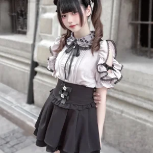 Japonais doux Style Lolita Kawaii femmes chemises Jirai Kei Harajuku taille haute Mini jupe élégante dentelle gothique pansement fête