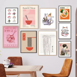 Affiche murale japonaise Ramen Noodles chat, Art illustré, aquarelle, Sushi, peinture sur toile, décor de Restaurant japonais