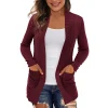 cardigan en tricot pour femmes, manteau mi long, manches longues, poches, col en v, pull solide, manteaux décontractés, coupe cintrée, point ouvert, streetwear