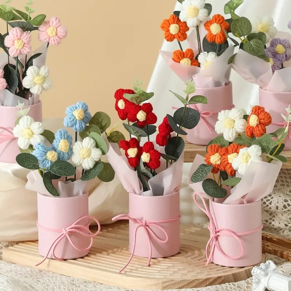 bouquet de fleurs artificielles colorées faites à la main au crochet, avec seau tissé, simulation de fleurs pour la journée des enseignants bouquet de fleurs artificielles colorées faites à la main au crochet, avec seau tissé, simulation de fleurs pour la journée des enseignants