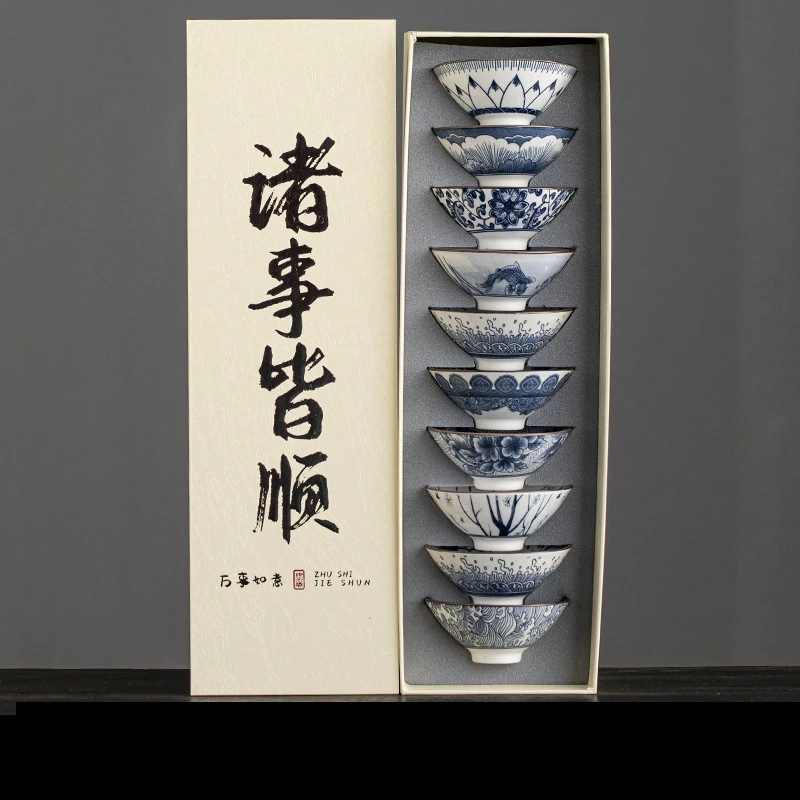 bols à thé en porcelaine bleue et blanche, petites tasses à thé kung fu en céramique, tasse principale unique avec boîte cadeau, ensemble de service à thé d'emballage 10 pièces/boîte bols à thé en porcelaine bleue et blanche, petites tasses à thé kung fu en céramique, tasse principale unique avec boîte cadeau, ensemble de service à thé d'emballage 10 pièces/boîte