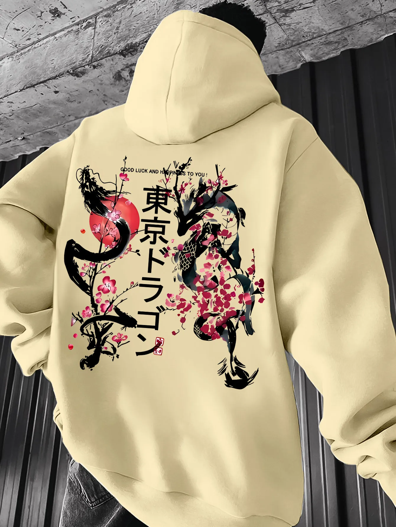 sweat à capuche dragon noir pour hommes avec imprimé fleur de cerisier japonais, pull streetwear dragon tokyo pour la chance sweat à capuche dragon noir pour hommes avec imprimé fleur de cerisier japonais, pull streetwear dragon tokyo pour la chance