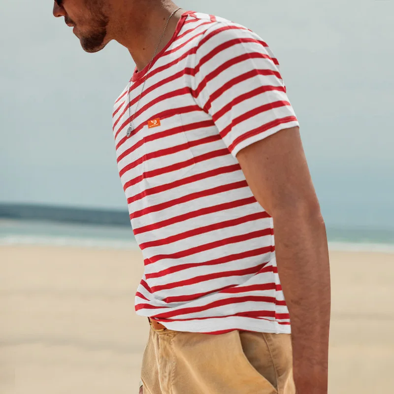 t shirt rayé à manches courtes et col rond pour homme, vêtement décontracté, confortable, respirant, brodé, à la mode, Été, 2024 t shirt rayé à manches courtes et col rond pour homme, vêtement décontracté, confortable, respirant, brodé, à la mode, Été, 2024