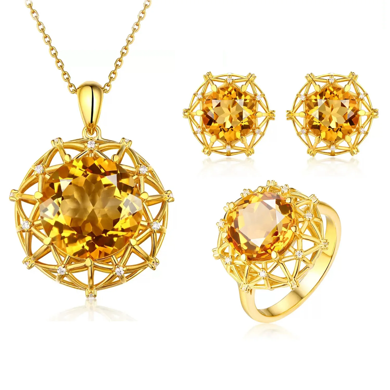 Grands ensembles de bijoux de luxe en cristal jaune rond 10 Carat, couleur or, pendentif en pierre CZ, colliers, boucles d’oreilles, bagues pour femmes Grands ensembles de bijoux de luxe en cristal jaune rond 10 Carat, couleur or, pendentif en pierre CZ, colliers, boucles d’oreilles, bagues pour femmes