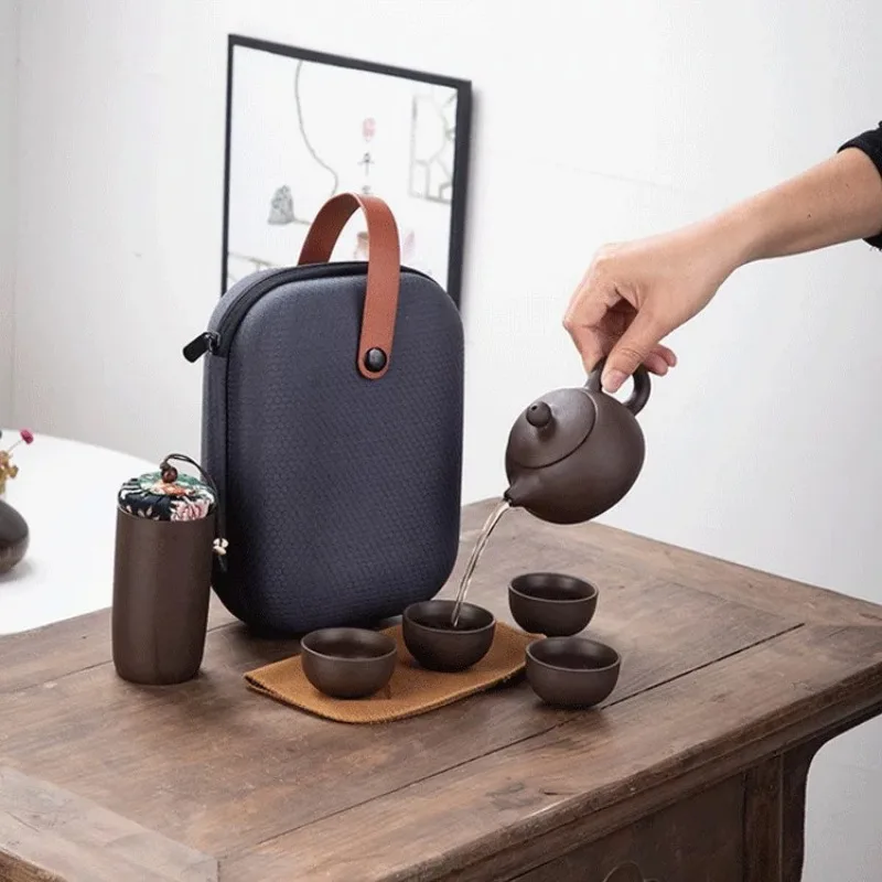 un pot d'argile violette quatre tasses service à thé portable en plein air service à thé de voyage cadeau pour les amis un pot d'argile violette quatre tasses service à thé portable en plein air service à thé de voyage cadeau pour les amis