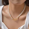 Collier de perles d&rsquo;imitation exquis pour femmes, Rivets ovales, accessoires, colliers en acier inoxydable, bijoux cadeaux de couleur or