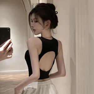 Camisole noire en forme de I pour femmes, beau dos, vêtements d&rsquo;intérieur Sexy, court, sans manches, col licou, débardeur pour femmes, été