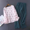 pyjama cactus en crêpe de coton pour femme, pantalon à manches longues, confortable, service à domicile, nouveau style japonais, printemps et automne