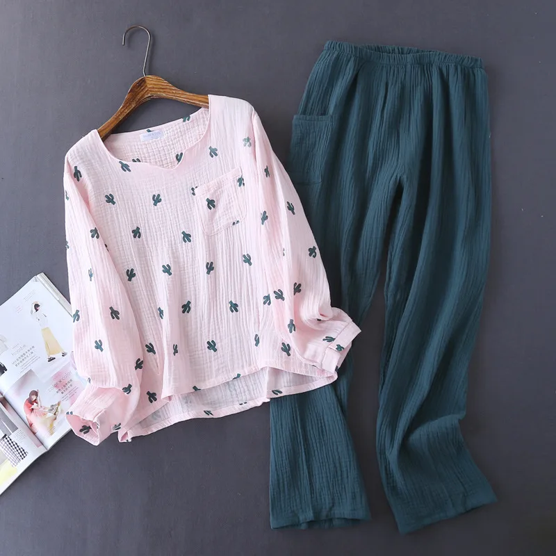 pyjama cactus en crêpe de coton pour femme, pantalon à manches longues, confortable, service à domicile, nouveau style japonais, printemps et automne pyjama cactus en crêpe de coton pour femme, pantalon à manches longues, confortable, service à domicile, nouveau style japonais, printemps et automne