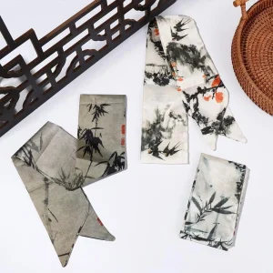 Élégant longue peinture à l&rsquo;encre foulard en soie Style minimaliste Style ancien bandeau de cheveux ancien foulard corde à cheveux longue écharpe en soie fille