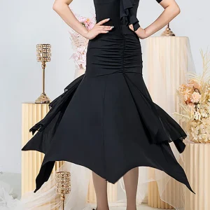 Jupe irrégulière de danse latine noire, vêtements de danse professionnels pour femmes adultes, Costumes longs d&rsquo;entraînement de valse de Tango W25D276