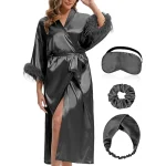 Robe de mariée pour le jour de mariage, avec plumes, longue, Kimono en Satin, pour enterrement de vie de jeune fille, tenues prêtes