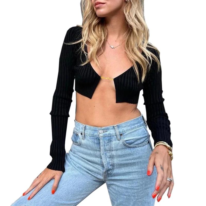 haut court à manches longues pour femmes, cardigans à la mode, pull décontracté, streetwear sexy, pull femme, automne haut court à manches longues pour femmes, cardigans à la mode, pull décontracté, streetwear sexy, pull femme, automne