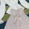 Ensemble jupe japonaise douce Kawaii pour femmes, chemise élégante à volants, épaules dénudées, nœud en dentelle + Mini jupe esthétique Y2k, ensemble 2 pièces Lolita