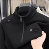 veste t shirt à manches longues pour hommes, doublure polaire, vintage, demi fermeture éclair, imprimé, texture à carreaux, pull épais et chaud, sweat shirt à col roulé
