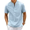 chemise en coton et lin pour hommes, col henley, poche, décontractée, plage, manches courtes, couleur unie, hauts t shirts, vintage, streetwear