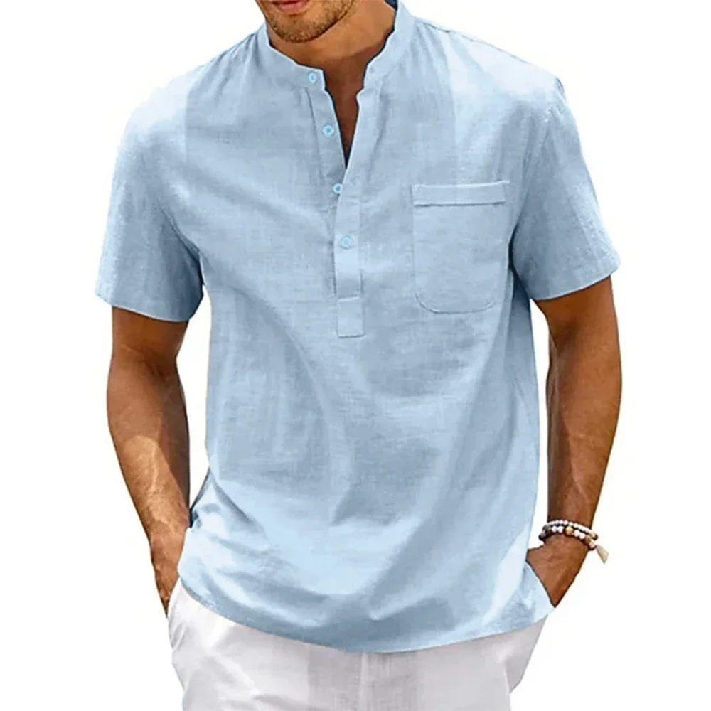 chemise en coton et lin pour hommes, col henley, poche, décontractée, plage, manches courtes, couleur unie, hauts t shirts, vintage, streetwear chemise en coton et lin pour hommes, col henley, poche, décontractée, plage, manches courtes, couleur unie, hauts t shirts, vintage, streetwear