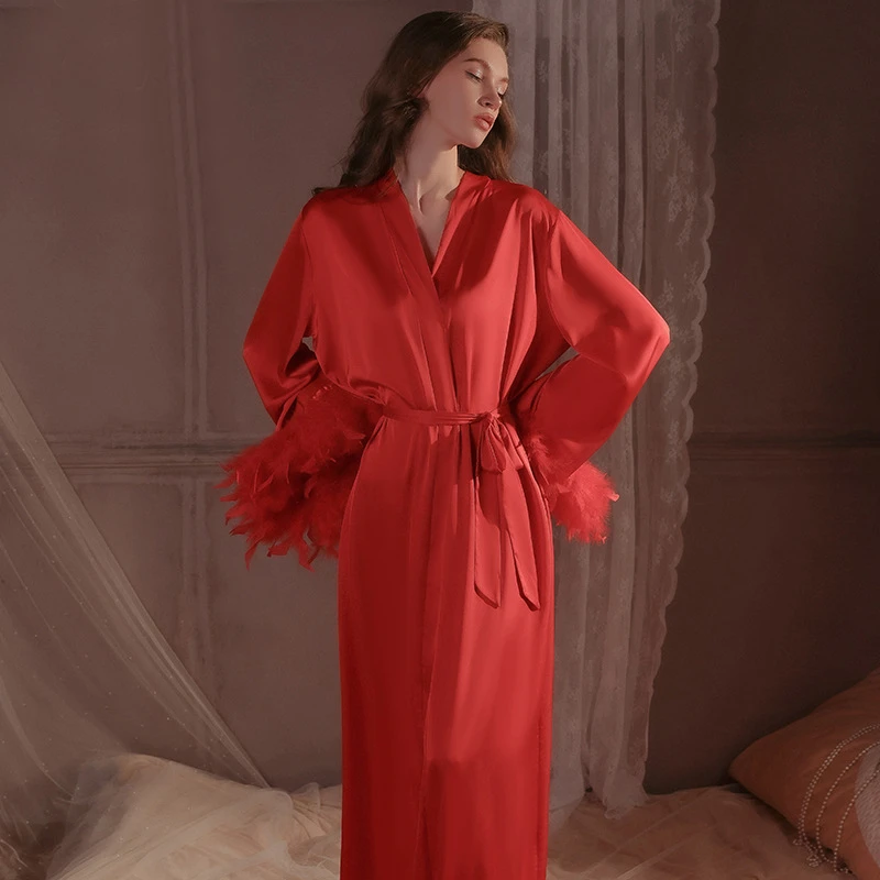peignoir en satin soyeux de luxe pour femme, robe de mariée rouge avec plumes, kimono sexy, long peignoir, indispenslingerie peignoir en satin soyeux de luxe pour femme, robe de mariée rouge avec plumes, kimono sexy, long peignoir, indispenslingerie
