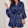 mode femmes solide kimono robe laçage cloche manches robe de bain soie satin courte robe de nuit femme mariage mariée demoiselle d'honneur sexy pei