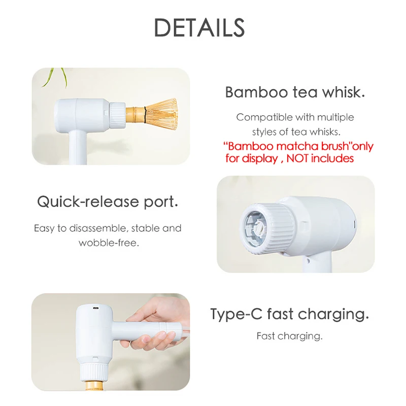 outil de fouet électrique matcha blanc, interface sans fil de type c, rechargeable, démarrage à un bouton, dispositif de fouet matcha électrique outil de fouet électrique matcha blanc, interface sans fil de type c, rechargeable, démarrage à un bouton, dispositif de fouet matcha électrique